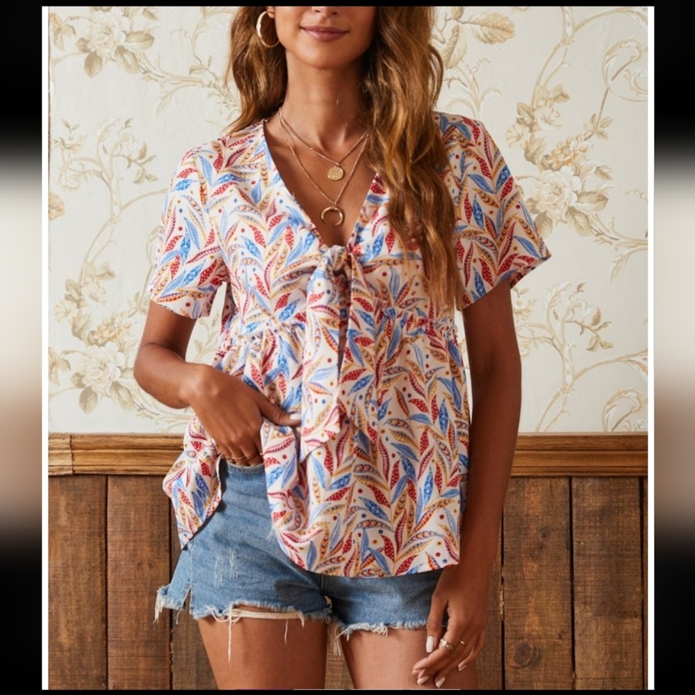 Suzanne Betro Red/Gold/White/Blue Leaf 🍂 Print Boho Babydoll Tunic Blouse-XL-1X